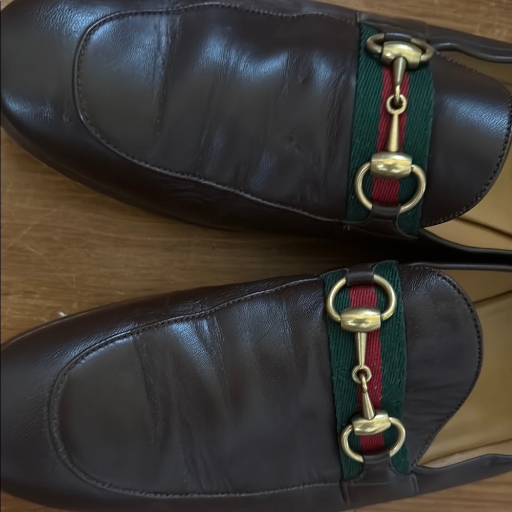 Gucci Brown and Gold Leather Loafers - Picture 2 of 5